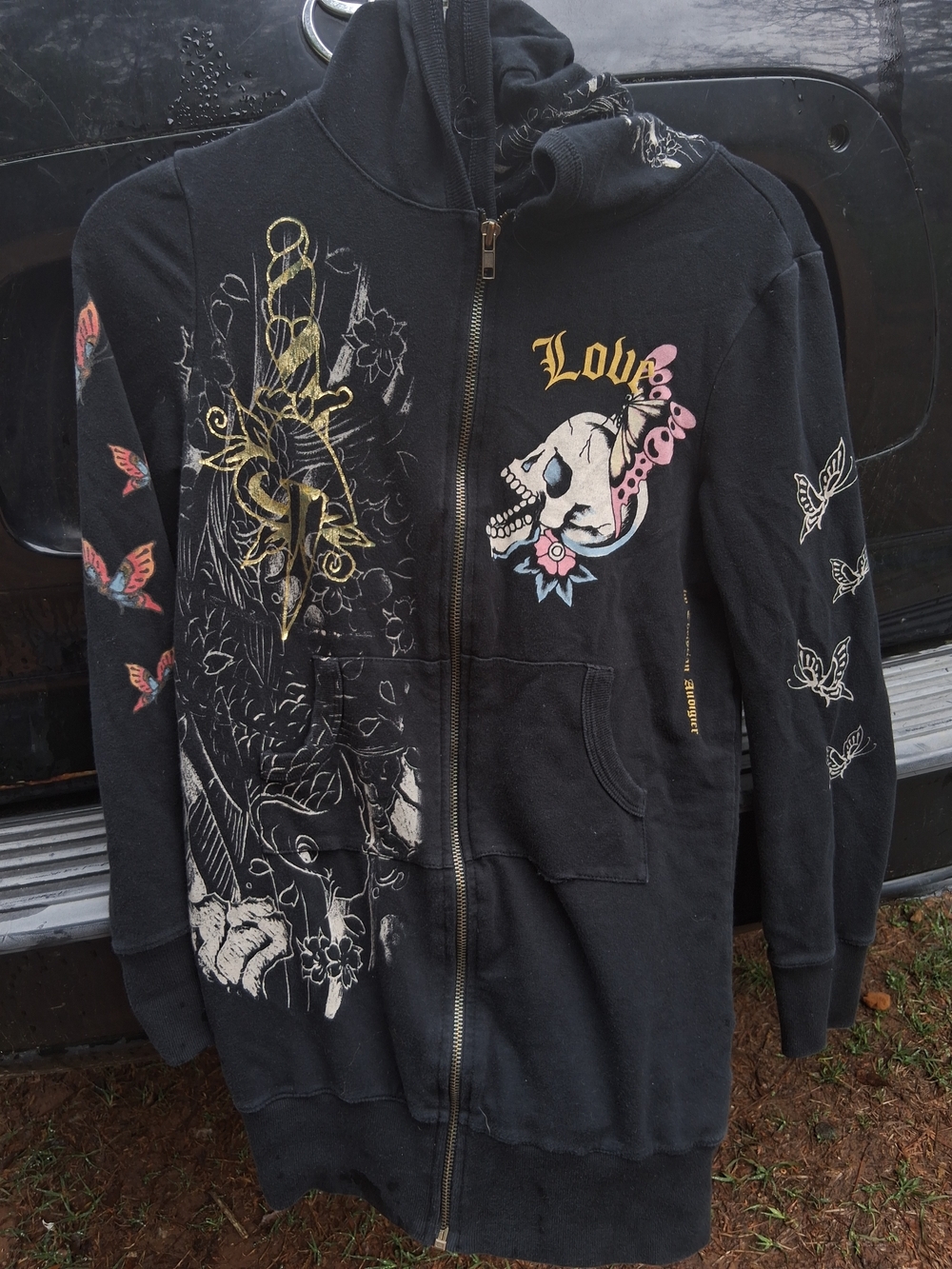 Ed Hardy Skull & Heart Graphic Black Hoodie Y2k - Picture 6 of 7
